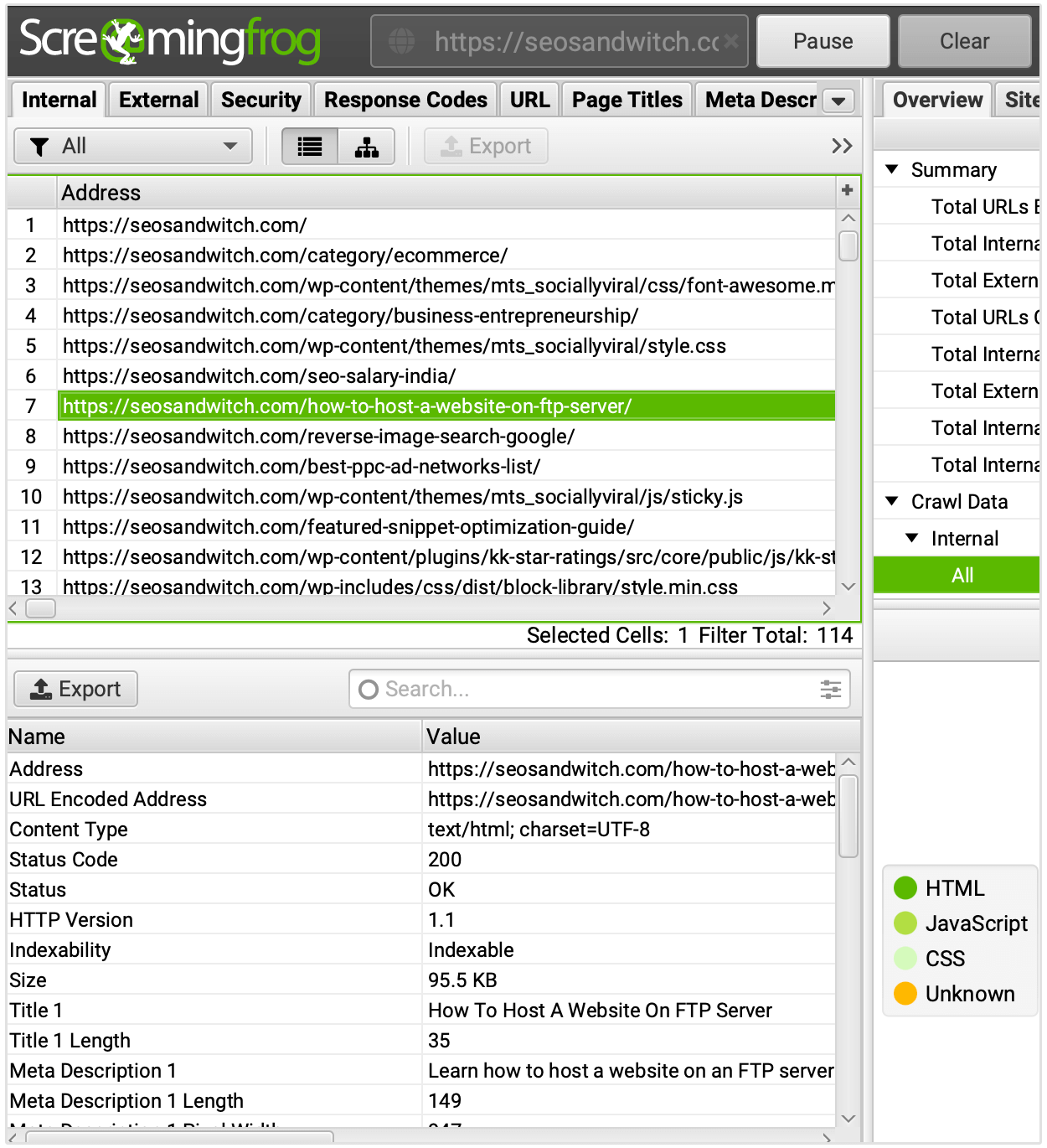 configurazione di screaming frog